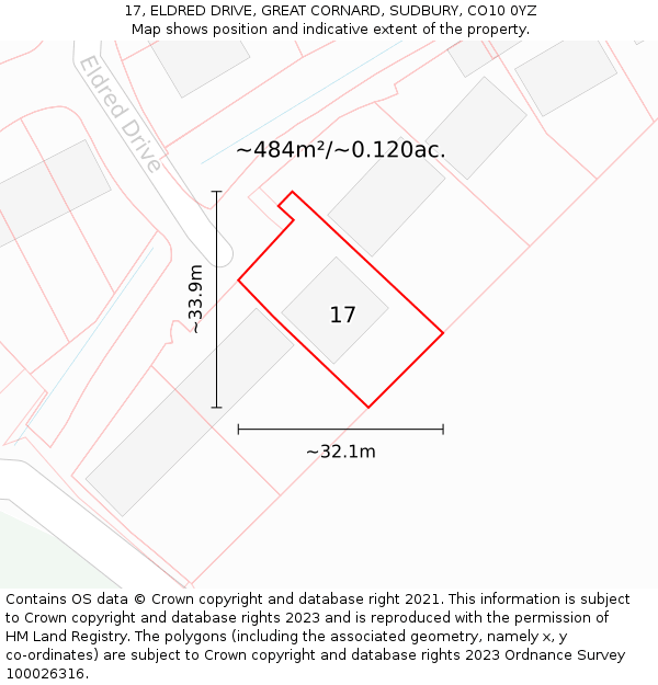 17, ELDRED DRIVE, GREAT CORNARD, SUDBURY, CO10 0YZ: Plot and title map