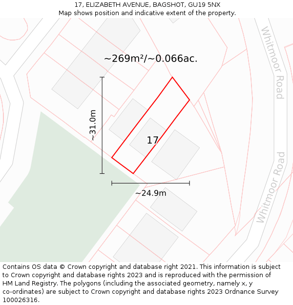 17, ELIZABETH AVENUE, BAGSHOT, GU19 5NX: Plot and title map