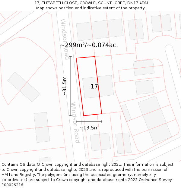 17, ELIZABETH CLOSE, CROWLE, SCUNTHORPE, DN17 4DN: Plot and title map