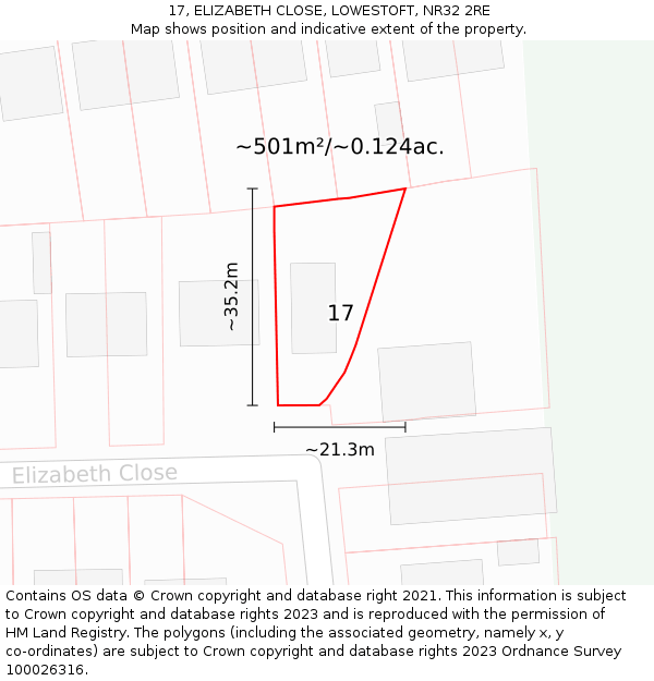 17, ELIZABETH CLOSE, LOWESTOFT, NR32 2RE: Plot and title map