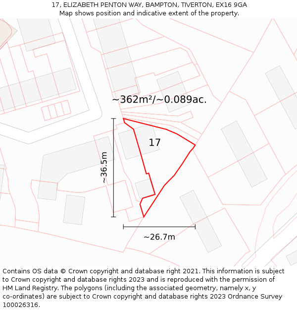 17, ELIZABETH PENTON WAY, BAMPTON, TIVERTON, EX16 9GA: Plot and title map