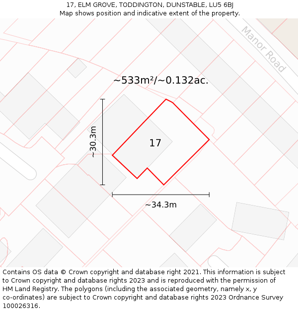 17, ELM GROVE, TODDINGTON, DUNSTABLE, LU5 6BJ: Plot and title map