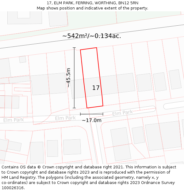 17, ELM PARK, FERRING, WORTHING, BN12 5RN: Plot and title map