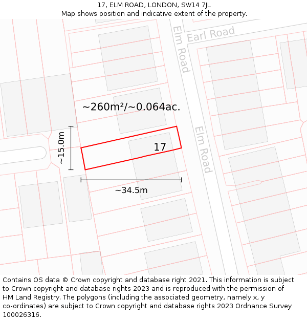 17, ELM ROAD, LONDON, SW14 7JL: Plot and title map