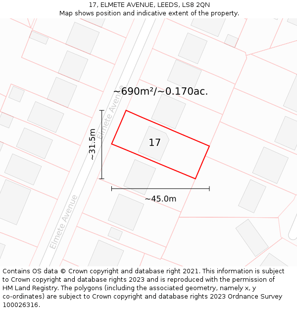 17, ELMETE AVENUE, LEEDS, LS8 2QN: Plot and title map