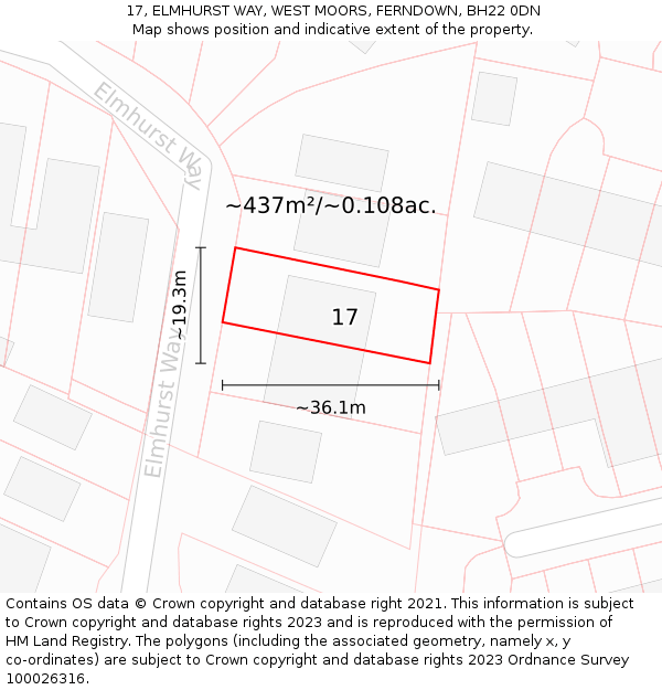 17, ELMHURST WAY, WEST MOORS, FERNDOWN, BH22 0DN: Plot and title map