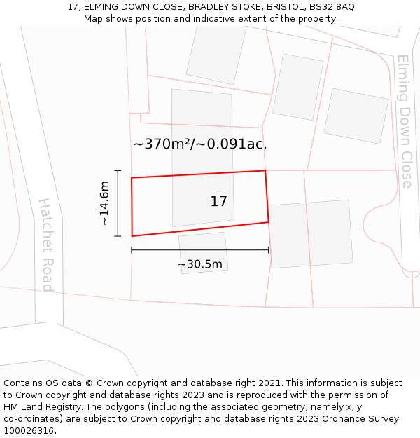17, ELMING DOWN CLOSE, BRADLEY STOKE, BRISTOL, BS32 8AQ: Plot and title map