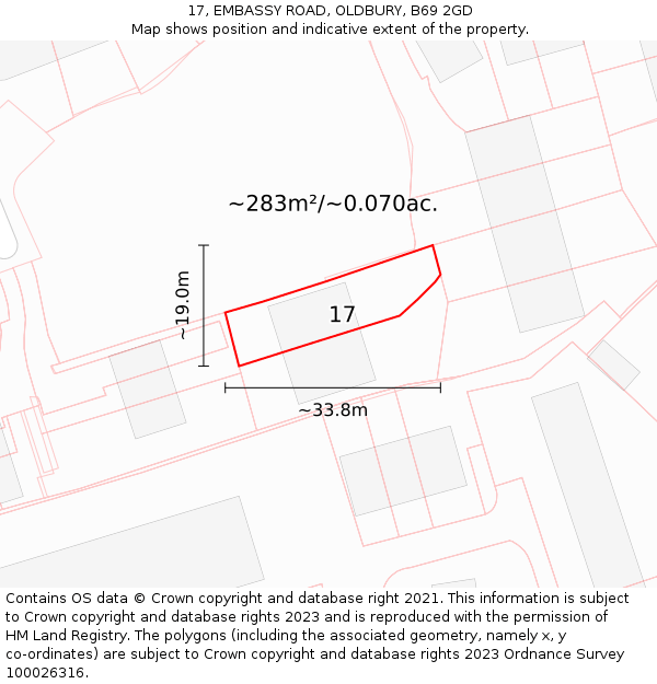 17, EMBASSY ROAD, OLDBURY, B69 2GD: Plot and title map