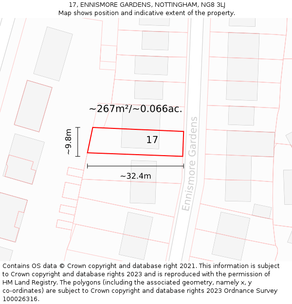 17, ENNISMORE GARDENS, NOTTINGHAM, NG8 3LJ: Plot and title map
