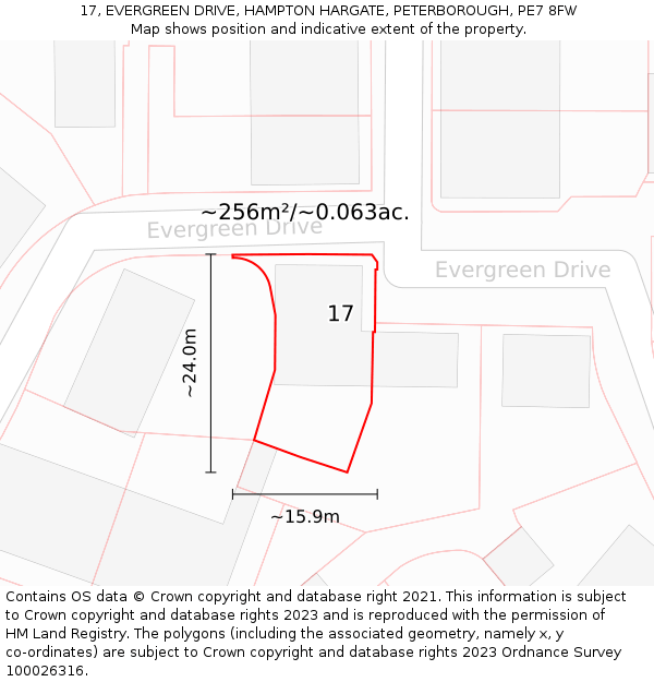 17, EVERGREEN DRIVE, HAMPTON HARGATE, PETERBOROUGH, PE7 8FW: Plot and title map