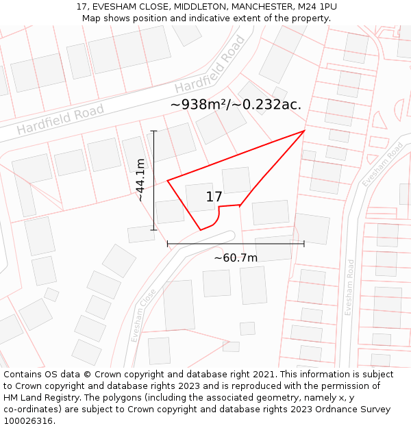 17, EVESHAM CLOSE, MIDDLETON, MANCHESTER, M24 1PU: Plot and title map