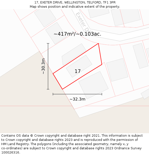 17, EXETER DRIVE, WELLINGTON, TELFORD, TF1 3PR: Plot and title map