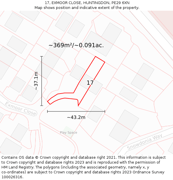 17, EXMOOR CLOSE, HUNTINGDON, PE29 6XN: Plot and title map