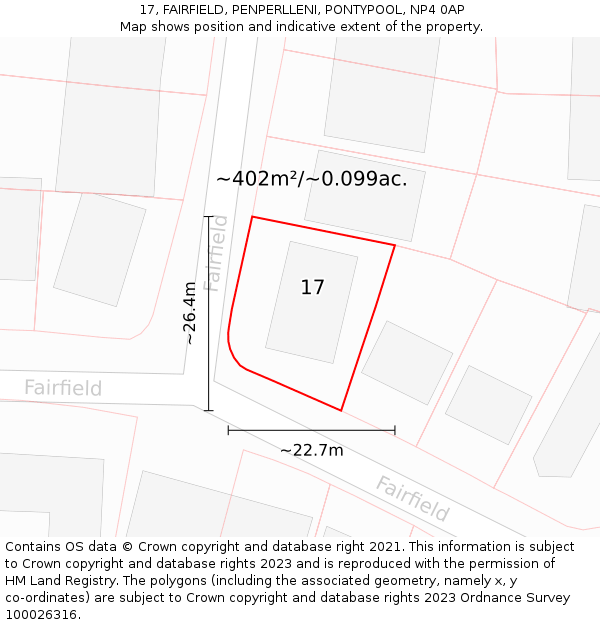 17, FAIRFIELD, PENPERLLENI, PONTYPOOL, NP4 0AP: Plot and title map