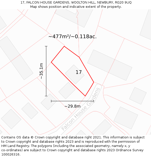 17, FALCON HOUSE GARDENS, WOOLTON HILL, NEWBURY, RG20 9UQ: Plot and title map