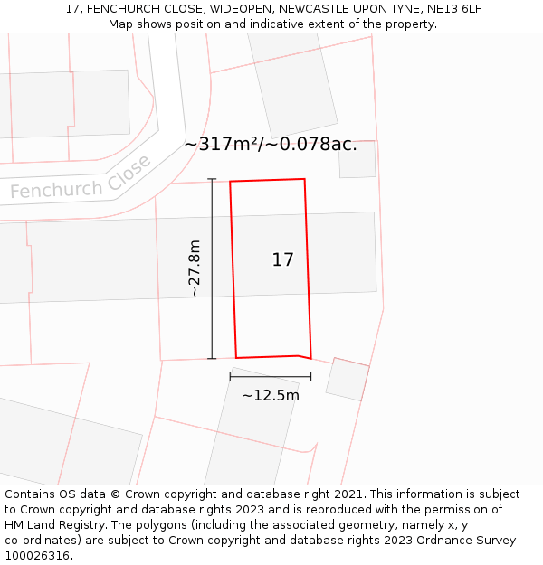 17, FENCHURCH CLOSE, WIDEOPEN, NEWCASTLE UPON TYNE, NE13 6LF: Plot and title map