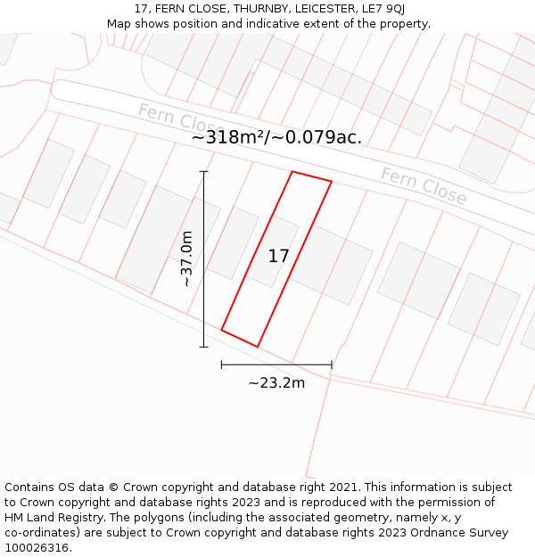 17, FERN CLOSE, THURNBY, LEICESTER, LE7 9QJ: Plot and title map
