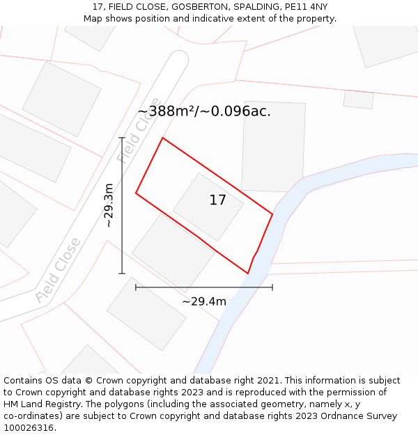 17, FIELD CLOSE, GOSBERTON, SPALDING, PE11 4NY: Plot and title map