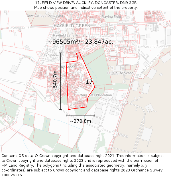 17, FIELD VIEW DRIVE, AUCKLEY, DONCASTER, DN9 3GR: Plot and title map