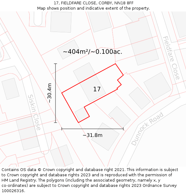 17, FIELDFARE CLOSE, CORBY, NN18 8FF: Plot and title map