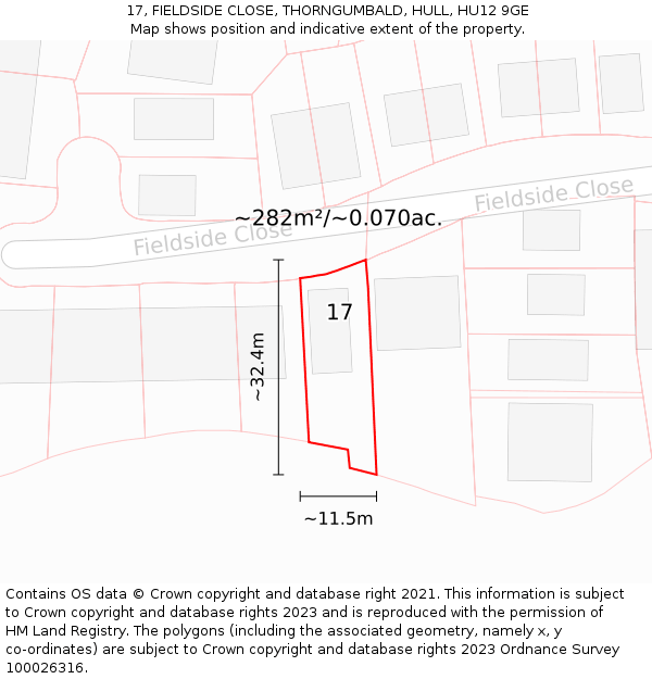 17, FIELDSIDE CLOSE, THORNGUMBALD, HULL, HU12 9GE: Plot and title map