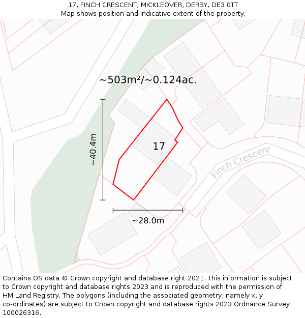 17, FINCH CRESCENT, MICKLEOVER, DERBY, DE3 0TT: Plot and title map