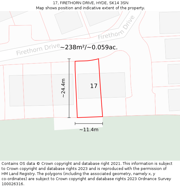 17, FIRETHORN DRIVE, HYDE, SK14 3SN: Plot and title map