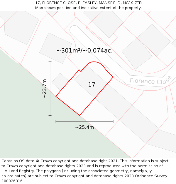 17, FLORENCE CLOSE, PLEASLEY, MANSFIELD, NG19 7TB: Plot and title map