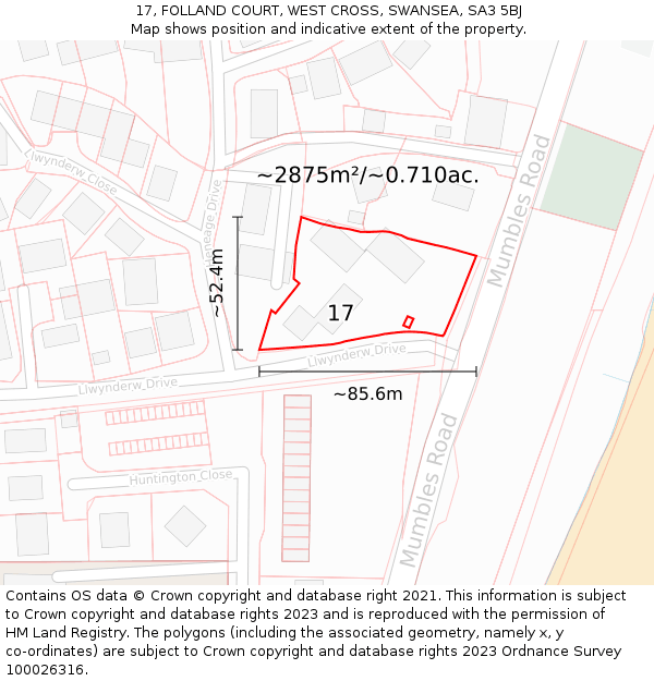 17, FOLLAND COURT, WEST CROSS, SWANSEA, SA3 5BJ: Plot and title map