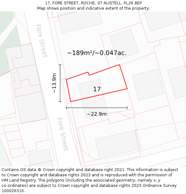 17, FORE STREET, ROCHE, ST AUSTELL, PL26 8EP: Plot and title map