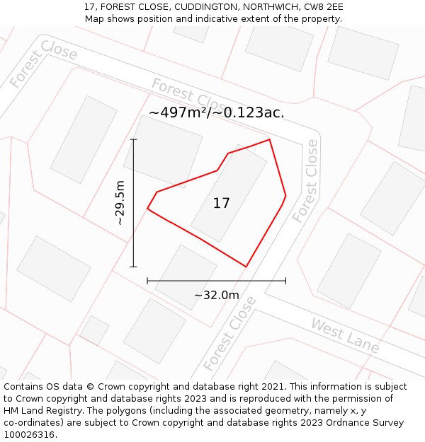 17, FOREST CLOSE, CUDDINGTON, NORTHWICH, CW8 2EE: Plot and title map