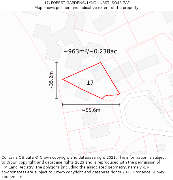 17, FOREST GARDENS, LYNDHURST, SO43 7AF: Plot and title map