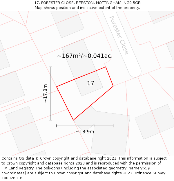 17, FORESTER CLOSE, BEESTON, NOTTINGHAM, NG9 5GB: Plot and title map