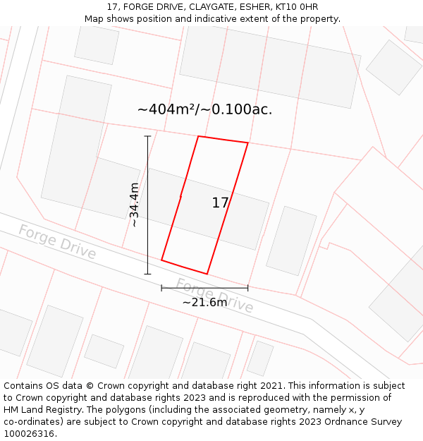 17, FORGE DRIVE, CLAYGATE, ESHER, KT10 0HR: Plot and title map