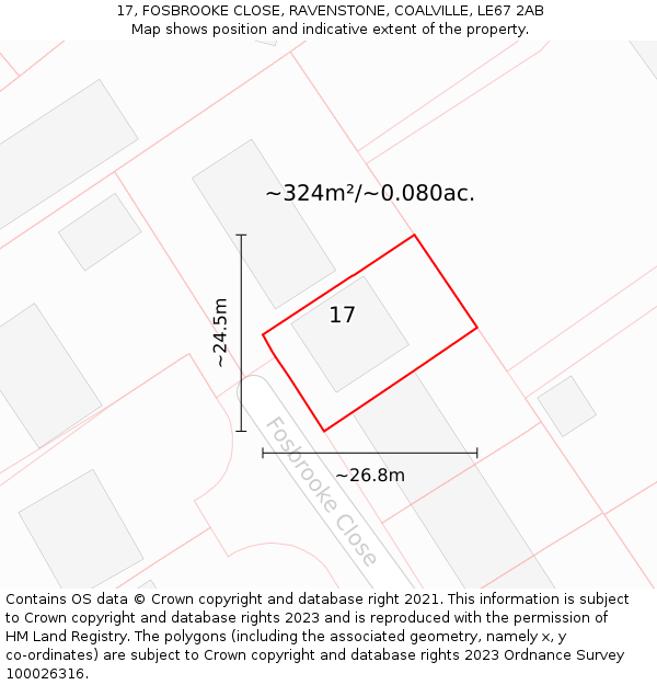 17, FOSBROOKE CLOSE, RAVENSTONE, COALVILLE, LE67 2AB: Plot and title map