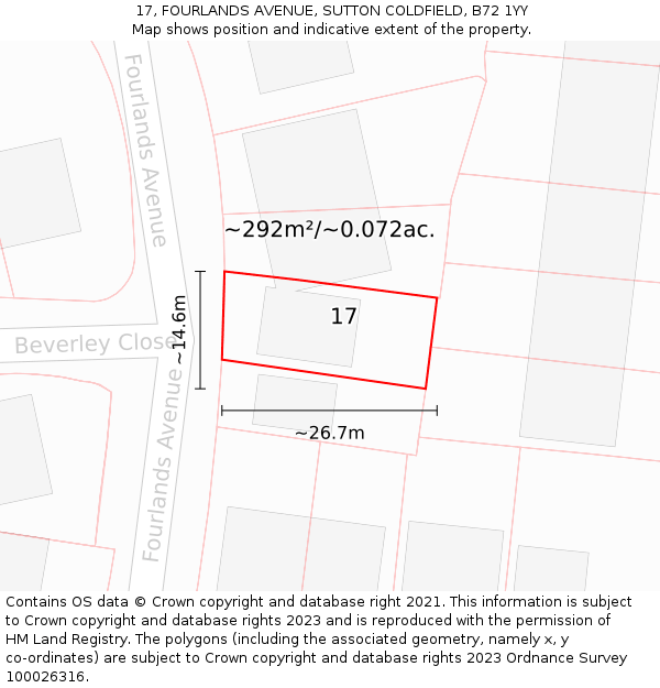 17, FOURLANDS AVENUE, SUTTON COLDFIELD, B72 1YY: Plot and title map