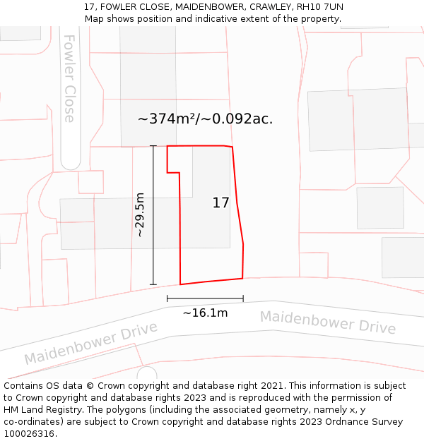 17, FOWLER CLOSE, MAIDENBOWER, CRAWLEY, RH10 7UN: Plot and title map