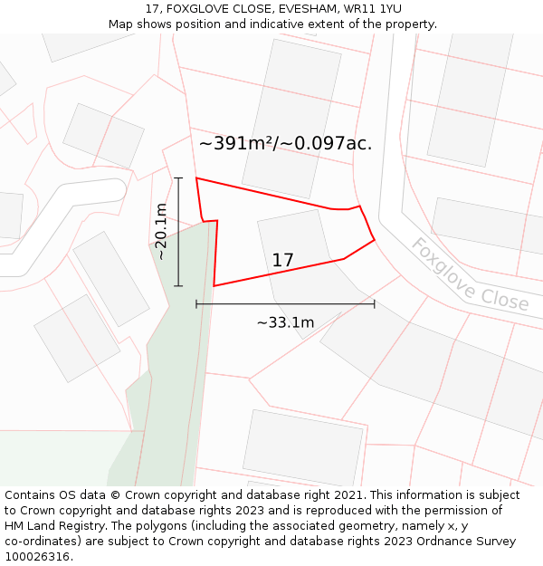 17, FOXGLOVE CLOSE, EVESHAM, WR11 1YU: Plot and title map