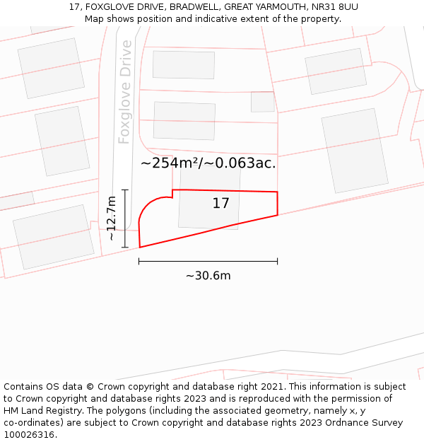 17, FOXGLOVE DRIVE, BRADWELL, GREAT YARMOUTH, NR31 8UU: Plot and title map