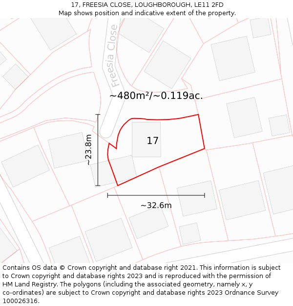 17, FREESIA CLOSE, LOUGHBOROUGH, LE11 2FD: Plot and title map