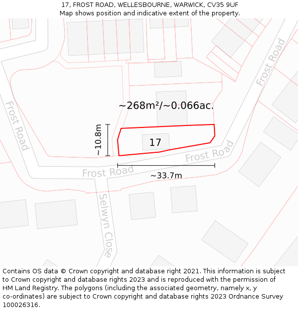 17, FROST ROAD, WELLESBOURNE, WARWICK, CV35 9UF: Plot and title map