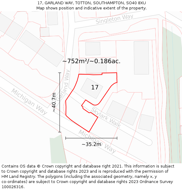 17, GARLAND WAY, TOTTON, SOUTHAMPTON, SO40 8XU: Plot and title map