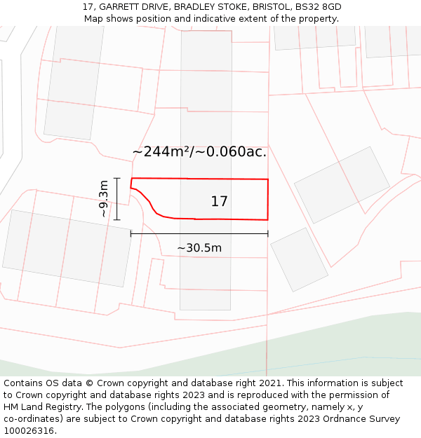 17, GARRETT DRIVE, BRADLEY STOKE, BRISTOL, BS32 8GD: Plot and title map