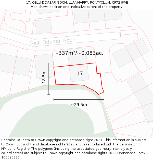 17, GELLI DDAEAR GOCH, LLANHARRY, PONTYCLUN, CF72 9WE: Plot and title map