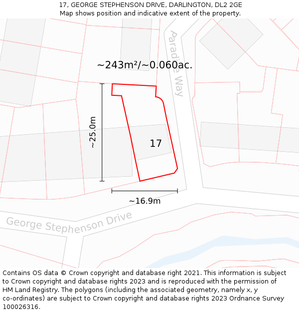 17, GEORGE STEPHENSON DRIVE, DARLINGTON, DL2 2GE: Plot and title map