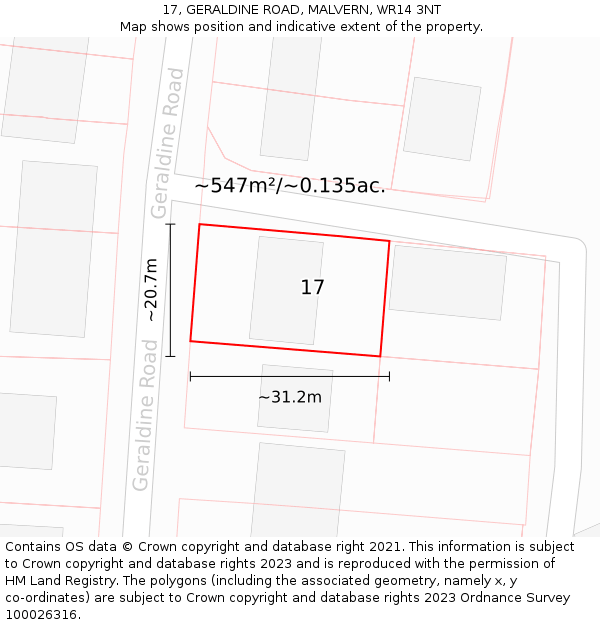 17, GERALDINE ROAD, MALVERN, WR14 3NT: Plot and title map