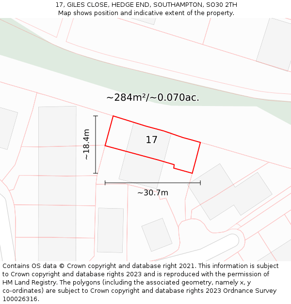 17, GILES CLOSE, HEDGE END, SOUTHAMPTON, SO30 2TH: Plot and title map