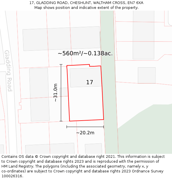 17, GLADDING ROAD, CHESHUNT, WALTHAM CROSS, EN7 6XA: Plot and title map
