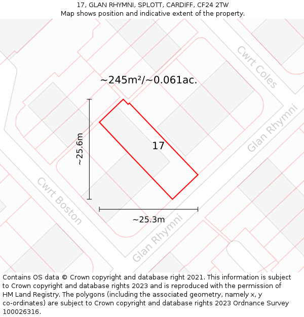 17, GLAN RHYMNI, SPLOTT, CARDIFF, CF24 2TW: Plot and title map