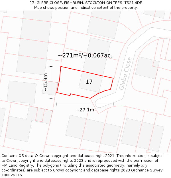 17, GLEBE CLOSE, FISHBURN, STOCKTON-ON-TEES, TS21 4DE: Plot and title map